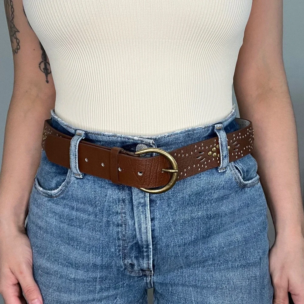 Amiee Lynn Brown Leather Studded Laser Cut Belt Brass Buckle ML
